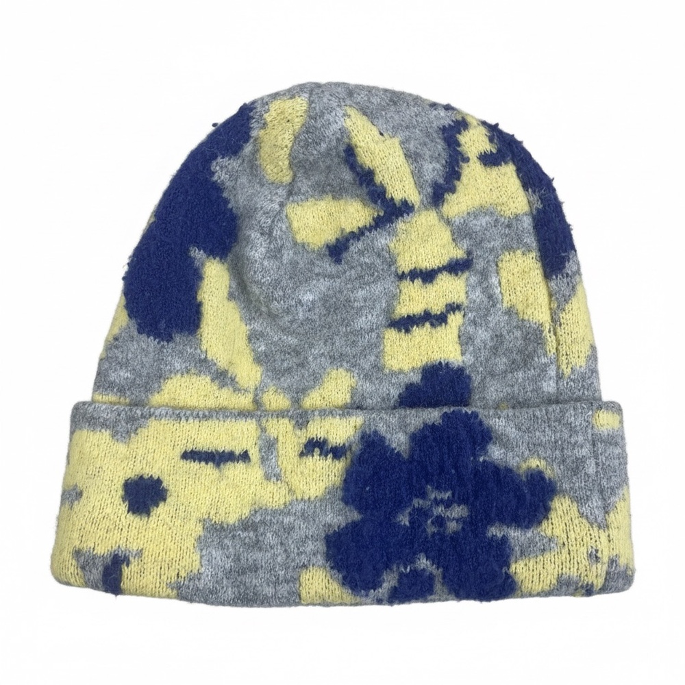 Anthropologie Floral Knit Beanie Gray Yellow Blue